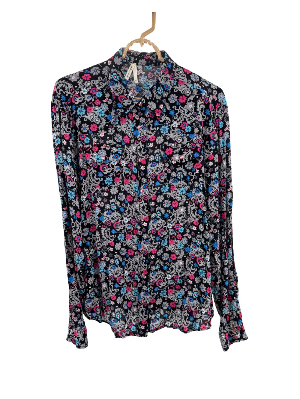 Roper Black Button-Down Shirt Blue Pink Floral Print pearl snap XL western rodeo